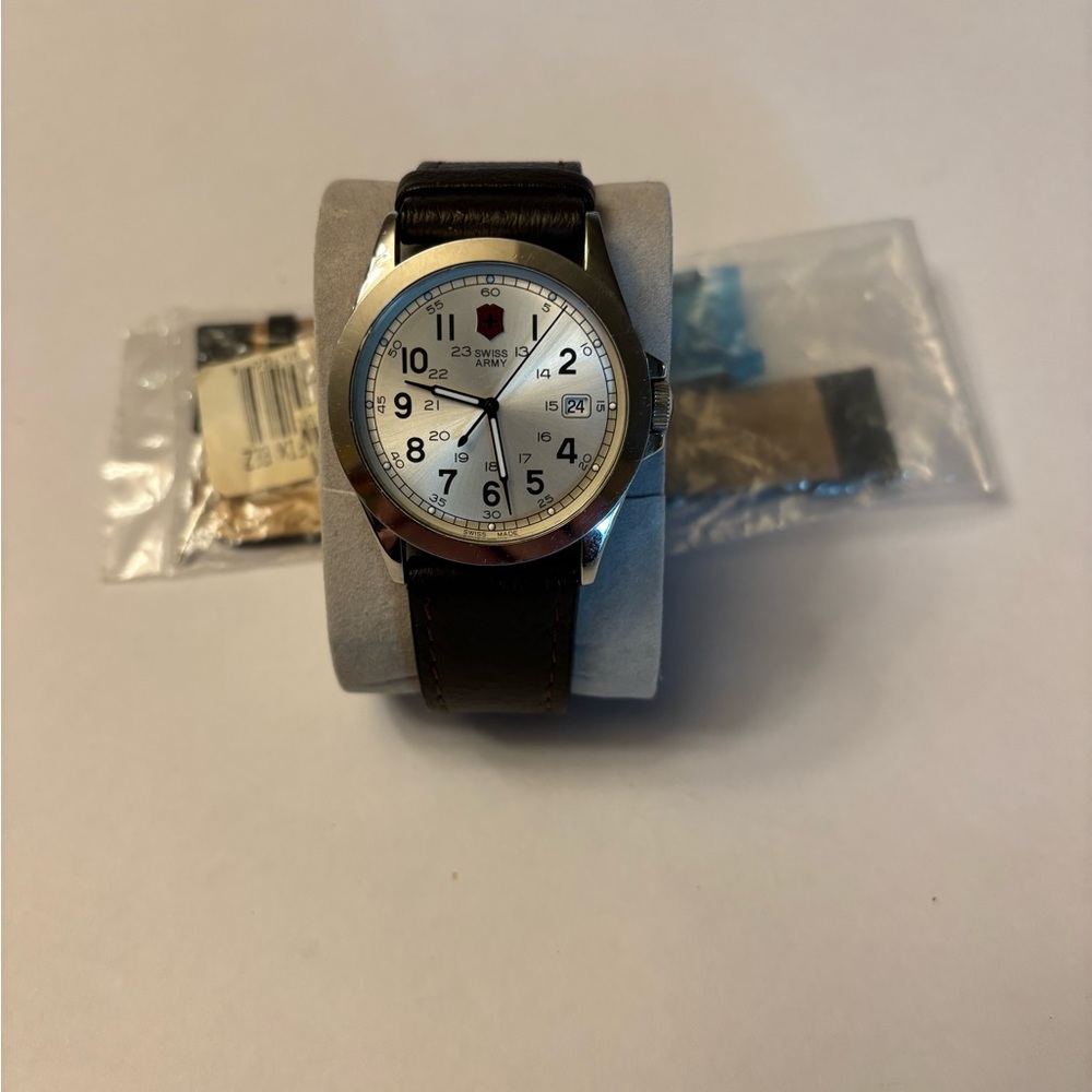 Victorinox Silver/Brown Leather Watch 030099778 With a new black leather band